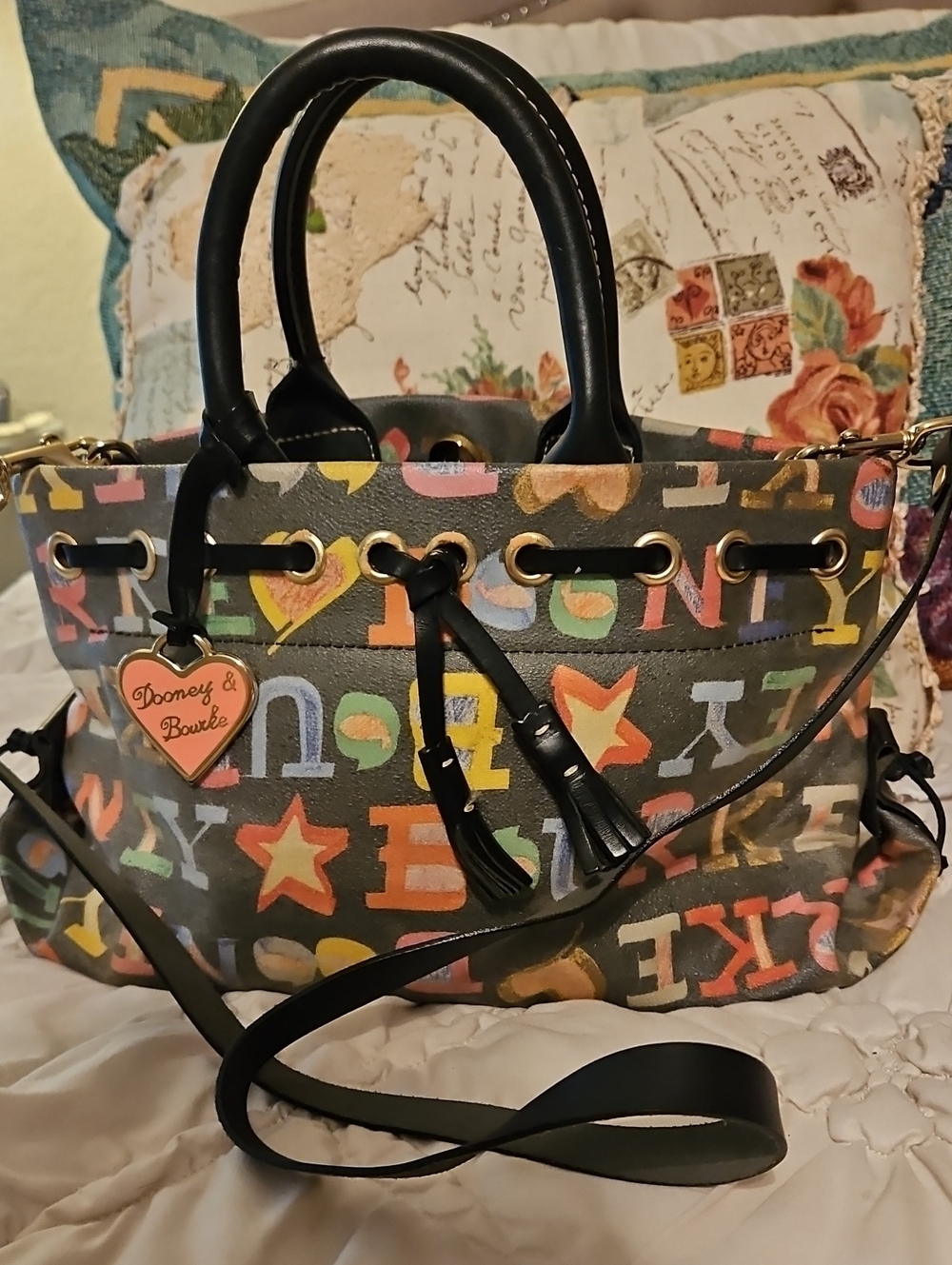 Dooney & Bourke Black Multicolor Letter-Print Shoulder Bag